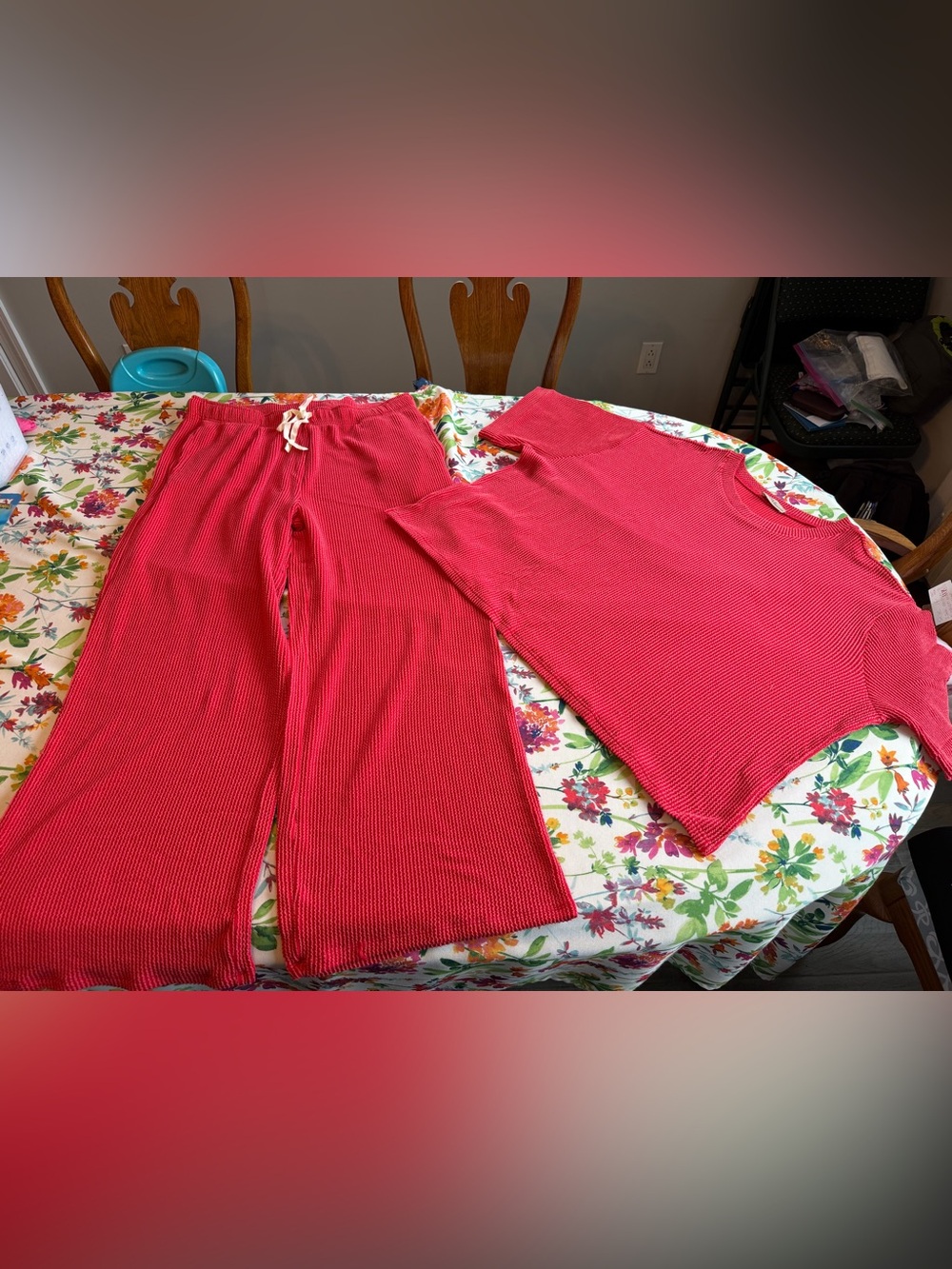 2x Zenana Women’s Red Ribbed Lounge Set - Top & Wide Leg Pants, NEW, $45